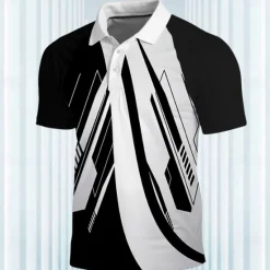 Online OUKU Men's Striped Sports Polo Shirts Golf Shirt Short Sleeve Polo Shirts Collared Shirts Casual Sportswear Vacation Wear Buttons 3D Print Summer Spring Black