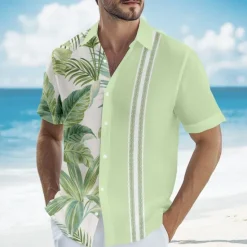 Online OUKU Men's Striped Tropical Palm Tree Guayabera Shirt Summer Hawaiian Shirt Button Up Shirt Short Sleeve Hawaiian Vacation Beach Wear Summer Spring Turndown 3D Print Collared Shirts Blue Green Khaki