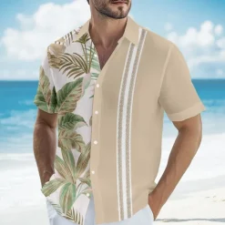 Online OUKU Men's Striped Tropical Palm Tree Guayabera Shirt Summer Hawaiian Shirt Button Up Shirt Short Sleeve Hawaiian Vacation Beach Wear Summer Spring Turndown 3D Print Collared Shirts Blue Green Khaki