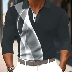 Discount OUKU Men's Striped Waffle Polo Shirts Long Sleeve Polo Shirts Collar Business Casual Formal Outdoor Vacation Dailywear Buttons 3D Print Spring Fall Winter Black Yellow Red