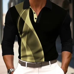 Discount OUKU Men's Striped Waffle Polo Shirts Long Sleeve Polo Shirts Collar Business Casual Formal Outdoor Vacation Dailywear Buttons 3D Print Spring Fall Winter Black Yellow Red