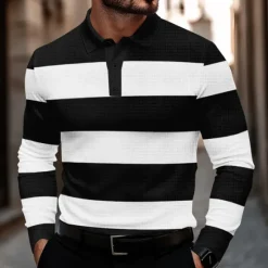 OUKU Men's Striped Waffle Polo Shirts Golf Shirt Long Sleeve Polo Shirts Collared Shirts Casual Business Casual Home Office Dailywear Buttons 3D Print Spring Fall Winter Black And White Blue Gray