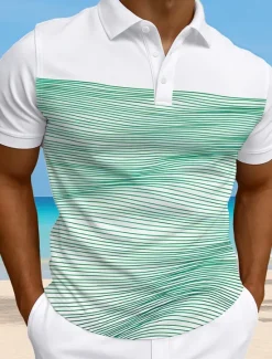 Online OUKU Men's Striped Waves Polo Short Sleeve Polo Collar Vacation Athleisure Casual Daily 3D Print Buttons Summer Violet Robin's Egg Blue Green