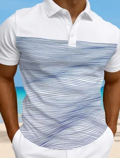 Online OUKU Men's Striped Waves Polo Short Sleeve Polo Collar Vacation Athleisure Casual Daily 3D Print Buttons Summer Violet Robin's Egg Blue Green