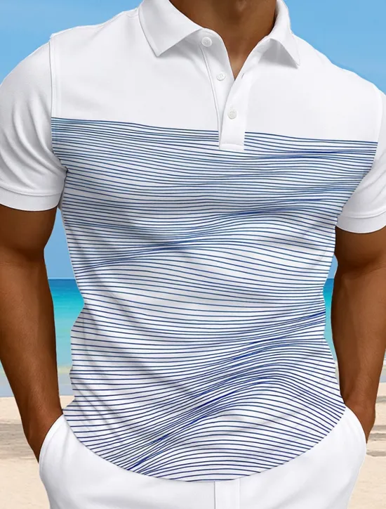Online OUKU Men's Striped Waves Polo Short Sleeve Polo Collar Vacation Athleisure Casual Daily 3D Print Buttons Summer Violet Robin's Egg Blue Green
