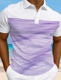 Online OUKU Men's Striped Waves Polo Short Sleeve Polo Collar Vacation Athleisure Casual Daily 3D Print Buttons Summer Violet Robin's Egg Blue Green