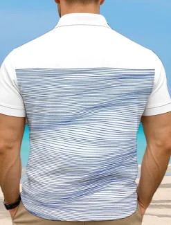 Online OUKU Men's Striped Waves Polo Short Sleeve Polo Collar Vacation Athleisure Casual Daily 3D Print Buttons Summer Violet Robin's Egg Blue Green