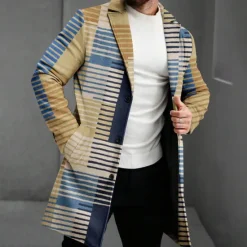 Discount OUKU Men's Striped Winter Coat Fleece Jacket Overcoat Thermal Comfortable Business Casual Formal Daily Wear Buttons 3D Print Front Pocket Winter Turndown Long Sleeve Yellow