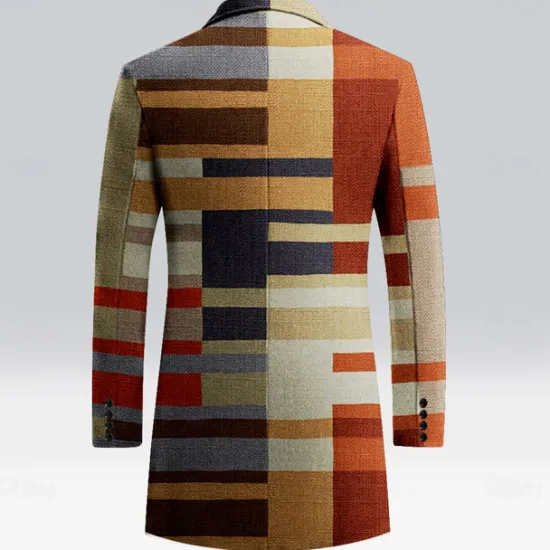 Online OUKU Men's Striped Winter Coat Fleece Jacket Overcoat Thermal Comfortable Business Casual Formal Daily Wear Buttons 3D Print Front Pocket Winter Turndown Long Sleeve Brown