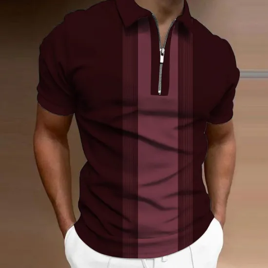 Clearance OUKU Men's Striped Zip Polo Shirts Golf Shirt Short Sleeve Polo Shirts Collared Shirts Business Casual WorkWear Formal Wear Festival Wear 3D Print Quarter Zip Polo Wine Blue Brown
