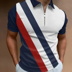 Hot OUKU Men's Striped Zip Polo Shirts Golf Shirt Short Sleeve Polo Shirts Collared Shirts Casual Vacation Wear Formal Wear Festival Wear 3D Print Quarter Zip Polo Summer Spring Blue