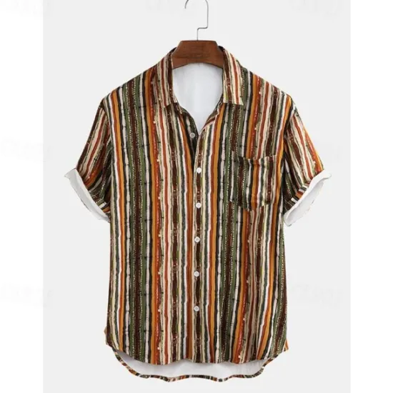 Sale OUKU Men's Stripes Button Up Shirt Short Sleeve Vintage Hawaiian Dailywear Causal Casual Summer Spring Collared Shirts Pocket 3D Print Yellow Blue Green