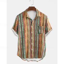 Sale OUKU Men's Stripes Button Up Shirt Short Sleeve Vintage Hawaiian Dailywear Causal Casual Summer Spring Collared Shirts Pocket 3D Print Yellow Blue Green