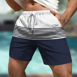 Clearance OUKU Men's Stripes Geometric Pattern Swim Shorts Board Shorts Swimming Trunks Mid Waist Hawaiian Casual Holiday Beach Drawstring with Mesh lining Elastic Waist Designer Clothing Apparel