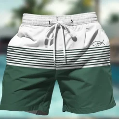 Clearance OUKU Men's Stripes Geometric Pattern Swim Shorts Board Shorts Swimming Trunks Mid Waist Hawaiian Casual Holiday Beach Drawstring with Mesh lining Elastic Waist Designer Clothing Apparel