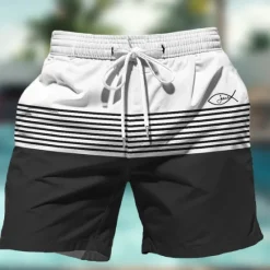 Clearance OUKU Men's Stripes Geometric Pattern Swim Shorts Board Shorts Swimming Trunks Mid Waist Hawaiian Casual Holiday Beach Drawstring with Mesh lining Elastic Waist Designer Clothing Apparel