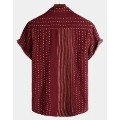 Hot OUKU Men's Stripes Geometric Pattern Button Up Shirt Short Sleeve Vintage Vacation Causal Casual Collared Shirts 3D Print Wine