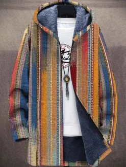 Discount OUKU Men's Stripes Geometry Gradual Winter Coat Fleece Jacket Coat Warm Breathable Comfortable Fashion Streetwear Sport Sports & Outdoor Daily Wear Going out Zipper Pocket Print Fall & Winter Hoodie Long