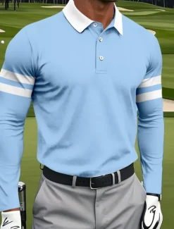 Best OUKU Men's Stripes Polo Sports Polo Shirts Long Sleeve Polo Shirts Collared Shirts Sportswear Athleisure Daily Wear 3D Print Spring Fall Winter Navy Blue Light Brown Sky Blue