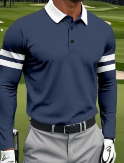 Best OUKU Men's Stripes Polo Sports Polo Shirts Long Sleeve Polo Shirts Collared Shirts Sportswear Athleisure Daily Wear 3D Print Spring Fall Winter Navy Blue Light Brown Sky Blue