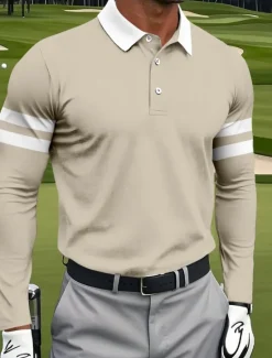 Best OUKU Men's Stripes Polo Sports Polo Shirts Long Sleeve Polo Shirts Collared Shirts Sportswear Athleisure Daily Wear 3D Print Spring Fall Winter Navy Blue Light Brown Sky Blue