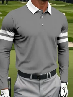 Best OUKU Men's Stripes Polo Sports Polo Shirts Long Sleeve Polo Shirts Collared Shirts Sportswear Athleisure Daily Wear 3D Print Spring Fall Winter Navy Blue Light Brown Sky Blue
