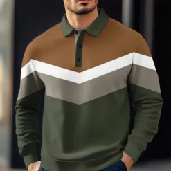Online OUKU Men's Stripes Rugby Polo Cable Knit Polo Long Sleeve Polo Shirts Collared Shirts Casual Outdoor Athleisure 3D Print Spring Fall Winter Black Blue Green