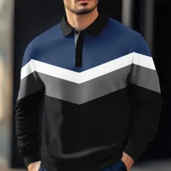 Online OUKU Men's Stripes Rugby Polo Cable Knit Polo Long Sleeve Polo Shirts Collared Shirts Casual Outdoor Athleisure 3D Print Spring Fall Winter Black Blue Green