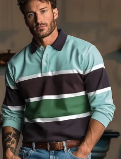 Outlet OUKU Men's Stripes Rugby Polo Long Sleeve Polo Shirts Collared Shirts Casual Outdoor Athleisure 3D Print Spring Fall Winter Yellow Blue Green
