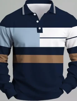 New OUKU Men's Stripes Rugby Polo Long Sleeve Polo Shirts Collared Shirts Casual School Outdoor Business Athleisure 3D Print Spring Fall Black Dark Blue Gray
