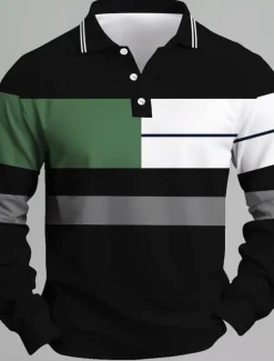 New OUKU Men's Stripes Rugby Polo Long Sleeve Polo Shirts Collared Shirts Casual School Outdoor Business Athleisure 3D Print Spring Fall Black Dark Blue Gray