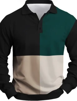 Outlet OUKU Men's Stripes Rugby Polo Long Sleeve Polo Shirts Collared Shirts Casual Outdoor Athleisure 3D Print Spring Fall Winter Black Brown Dark Blue