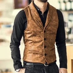 Discount OUKU Men's Suede Vest Wedding Street Holiday Going out Vintage Style Casual Fall Winter Pocket Suede Warm Pure Color Single Breasted V Neck Regular Fit Black Brown Vest