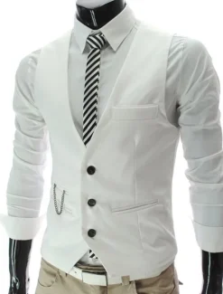 Hot OUKU Men's Suit Vest Waistcoat Formal Wedding Work Business / Ceremony / Wedding Fashion 1920s All Seasons Polyester Solid Colored V Neck Slim Wine Black White Navy Blue Vest