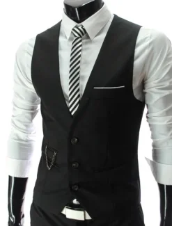 Hot OUKU Men's Suit Vest Waistcoat Formal Wedding Work Business / Ceremony / Wedding Fashion 1920s All Seasons Polyester Solid Colored V Neck Slim Wine Black White Navy Blue Vest