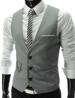 Hot OUKU Men's Suit Vest Waistcoat Formal Wedding Work Business / Ceremony / Wedding Fashion 1920s All Seasons Polyester Solid Colored V Neck Slim Wine Black White Navy Blue Vest