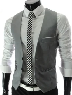 Hot OUKU Men's Suit Vest Waistcoat Formal Wedding Work Business / Ceremony / Wedding Fashion 1920s All Seasons Polyester Solid Colored V Neck Slim Wine Black White Navy Blue Vest