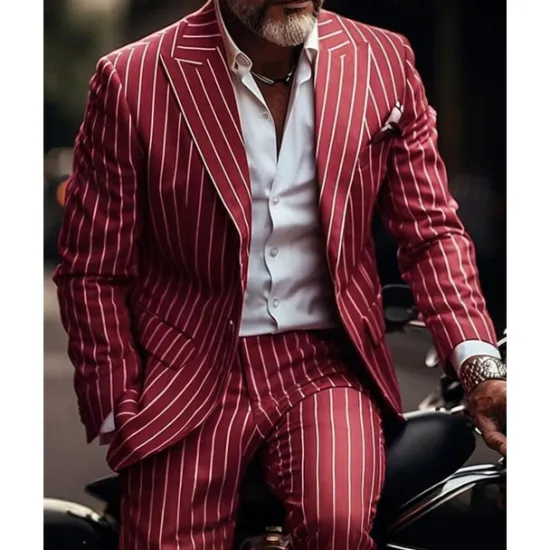 Clearance OUKU Men's Suits Blazer Business Cocktail Party Wedding Party Fashion Casual Spring & Fall Polyester Stripes Pocket 2 Piece Comfortable Single Breasted Blazer Red Blue Green