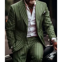 Clearance OUKU Men's Suits Blazer Business Cocktail Party Wedding Party Fashion Casual Spring & Fall Polyester Stripes Pocket 2 Piece Comfortable Single Breasted Blazer Red Blue Green