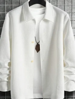 Clearance OUKU Men's Summer Jacket Shirt Jacket Transition Jacket Vacation Daily Pocket Jacquard Fall & Winter Plain Fashion Classic Lapel Regular Black White Jacket