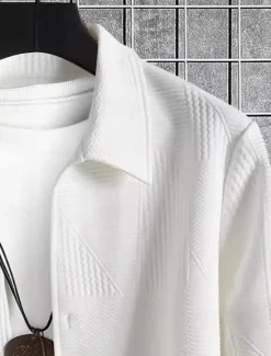 Clearance OUKU Men's Summer Jacket Shirt Jacket Transition Jacket Vacation Daily Pocket Jacquard Fall & Winter Plain Fashion Classic Lapel Regular Black White Jacket