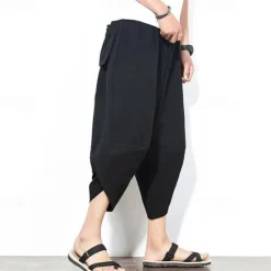 Outlet OUKU Men's Summer Pants Bloomers Harem Pants Pocket Drawstring Elastic Waist Plain Comfort Breathable Calf-Length Vacation Daily Holiday Hawaiian Boho Black Red