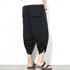 Outlet OUKU Men's Summer Pants Bloomers Harem Pants Pocket Drawstring Elastic Waist Plain Comfort Breathable Calf-Length Vacation Daily Holiday Hawaiian Boho Black Red