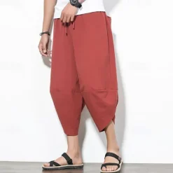 Outlet OUKU Men's Summer Pants Bloomers Harem Pants Pocket Drawstring Elastic Waist Plain Comfort Breathable Calf-Length Vacation Daily Holiday Hawaiian Boho Black Red