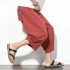 Outlet OUKU Men's Summer Pants Bloomers Harem Pants Pocket Drawstring Elastic Waist Plain Comfort Breathable Calf-Length Vacation Daily Holiday Hawaiian Boho Black Red