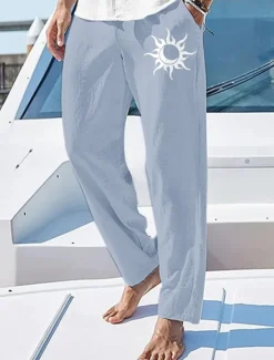 New OUKU Men's Summer Pants Elastic Waist Sun Comfort Full Length Outdoor Streetwear Vacation Hawaiian White Blue Micro-elastic