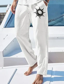 New OUKU Men's Summer Pants Elastic Waist Sun Comfort Full Length Outdoor Streetwear Vacation Hawaiian White Blue Micro-elastic