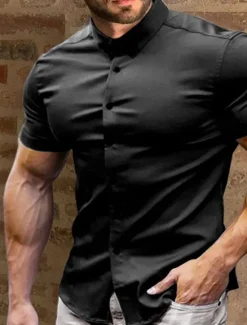 Best OUKU Men's Summer Shirt Casual Shirt Button Up Shirt Black White Red Green Dark Blue Short Sleeve Plain Turndown Vacation Street Button-Down Clothing Apparel Fashion Leisure