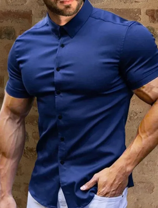 Best OUKU Men's Summer Shirt Casual Shirt Button Up Shirt Black White Red Green Dark Blue Short Sleeve Plain Turndown Vacation Street Button-Down Clothing Apparel Fashion Leisure