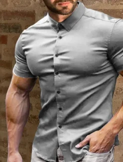 Best OUKU Men's Summer Shirt Casual Shirt Button Up Shirt Black White Red Green Dark Blue Short Sleeve Plain Turndown Vacation Street Button-Down Clothing Apparel Fashion Leisure